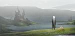  asuteroid bad_id bad_pixiv_id building commentary_request from_behind highres iz_(asuteroid) lake long_hair mountain mountainous_horizon original post-apocalypse rain road ruins scenery skyscraper solo standing very_long_hair very_wide_shot white_hair 