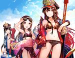  2girls aunt_and_niece bare_shoulders bikini black_hair brother_and_sister brown_eyes brown_hair chacha_(fate/grand_order) cloud cooler eyewear_on_head fate/grand_order fate_(series) fuji_choko hand_in_pocket hand_on_eyewear hat headphones headphones_around_neck innertube jacket long_hair multiple_girls navel oda_nobukatsu_(fate/grand_order) oda_nobunaga_(fate) oda_nobunaga_(swimsuit_berserker)_(fate) open_mouth peaked_cap red_eyes sarong siblings smile sunglasses swimsuit sword umbrella uncle_and_niece weapon 