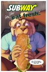  2017 amber_eyes anthro bad_edit bathroom blonde_hair blone_eyelashes blue_shirt bottomless bread brown_fur censored cheese clothed clothing cucumber eating edit english_text equine feline first_person_view food footlong fruit fur hair humor joke lettuce lion male male/male male/sandwich male_pov mammal meat meesh oral sandwich_(disambiguation) shirt sitophilia slogan subway text tomato vegetable watermark whiskers wristwatch yellow_fur 