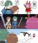  1girl 2boys alm_(fire_emblem) antlers arm_up armor bell boots bow brown_hair brown_mittens cape closed_mouth comic dress eyes_closed fa facial_mark fingerless_gloves fire_emblem fire_emblem:_fuuin_no_tsurugi fire_emblem_echoes:_mou_hitori_no_eiyuuou fire_emblem_heroes forehead_mark fur_trim gloves green_hair grey_(fire_emblem) hksi1pin holding holding_sword holding_weapon long_sleeves mamkute mittens multiple_boys nintendo open_mouth pointy_ears purple_hair reindeer_antlers short_hair sword tiara translation_request weapon 