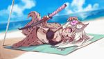  5_fingers anthro beach bikini breasts canine clothing day detailed_background eyelashes female fruitbloodmilkshake fur grey_fur hair holding_object holding_weapon inner_ear_fluff looking_at_viewer lying mammal melee_weapon midriff navel pink_eyes public seaside sky smile solo swimsuit sword water weapon white_hair 