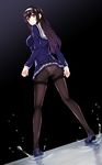  black_background black_hair black_legwear blue_footwear blue_jacket blue_skirt blush closed_mouth dutch_angle from_behind full_body gradient gradient_background hair_between_eyes hairband highres jacket kasumigaoka_utaha lace lace-trimmed_panties long_hair looking_at_viewer looking_back microskirt panties panties_under_pantyhose pantyhose pleated_skirt red_eyes saenai_heroine_no_sodatekata sailor_collar school_uniform shoes sidelocks skirt smile solo standing underwear wanruo_jifeng water white_hairband white_sailor_collar 