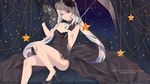  2017 artist_name bare_shoulders black_dress black_flower black_footwear black_gloves black_rose blue_eyes blush breasts constellation copyright_name curtains dress elleco english eyebrows_visible_through_hair fan fate/grand_order fate_(series) floral_print flower folding_fan gloves hair_between_eyes hair_flower hair_ornament head_tilt high_heels highres holding holding_fan holding_umbrella jewelry long_hair looking_at_viewer marie_antoinette_(fate/grand_order) medium_breasts necklace number parted_lips rose shoes sitting smile solo star strapless strapless_dress twintails umbrella very_long_hair white_hair 