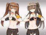  :3 :d artist_name bangs black_bow black_gloves black_legwear blush bow breasts brown_eyes brown_hair collarbone commentary cowboy_shot crotch_seam eyebrows_visible_through_hair fingerless_gloves flat_chest girls_frontline gloves gradient gradient_background grey_hair hair_between_eyes hair_bow hair_ornament hairclip half-closed_eyes heart heart-shaped_boob_challenge heart_hands long_hair looking_at_viewer mou_tama_maru multiple_girls navel one_side_up open_mouth panties panties_under_pantyhose pantyhose parted_lips scar scar_across_eye shaded_face sidelocks signature small_breasts smile topless torn_clothes torn_legwear tsurime ump45_(girls_frontline) ump9_(girls_frontline) underwear 