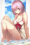  bare_shoulders barefoot breasts cleavage cloud collarbone day dress eyebrows_visible_through_hair fate/grand_order fate_(series) hair_over_one_eye looking_at_viewer mash_kyrielight medium_breasts panties panty_peek purple_eyes purple_hair short_hair sitting sky sleeveless sleeveless_dress sola_(solo0730) solo underwear water wet wet_clothes white_dress 