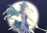  1girl alternate_costume animal_ears bare_shoulders gloves green_eyes green_hair green_skirt highres horn league_of_legends long_hair moon skirt solo soraka staff standing star_guardian_soraka very_long_hair white_gloves 