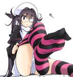  1girl eyepatch feet headdress long_hair momio no_shoes parted_lips pov pov_feet purple_eyes sitting soles striped_legwear thighhighs toes twintails 