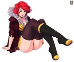  ass blue_eyes crossed_legs kyoffie12 lips looking_at_viewer red_(transistor) red_hair sitting solo thighhighs transistor_(game) white_background 