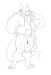  anthro balls big_balls blush boosterpang clothing greyscale huge_balls humanoid_penis hyper hyper_balls hyper_penis male monochrome musclegut muscular nipple_bulge penis penis_through_leghole poking_out scalie smile solo standing tight_clothing uncut 