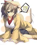 1girl 3; absurdres all_fours animal_ears blue_eyes blush bow breasts brown_hair cat_ears cat_tail disembodied_limb drill_hair feet_out_of_frame hair_between_eyes hair_bow hatakaze_(kantai_collection) high_ponytail highres japanese_clothes kantai_collection kemonomimi_mode kimono large_breasts motion_lines one_eye_closed petting red_bow sheita short_ponytail solo_focus spoken_interrobang tail 