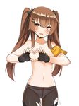  :3 :d artist_name bangs black_bow black_gloves black_legwear bow breasts brown_eyes brown_hair collarbone commentary cowboy_shot crotch_seam eyebrows_visible_through_hair fingerless_gloves girls_frontline gloves hair_between_eyes hair_bow hair_ornament hairclip heart heart-shaped_boob_challenge heart_hands long_hair looking_at_viewer mou_tama_maru navel open_mouth panties panties_under_pantyhose pantyhose scar scar_across_eye sidelocks signature simple_background small_breasts smile solo torn_clothes torn_legwear ump9_(girls_frontline) underwear white_background 