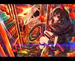  animal_ears bangs black_legwear black_skirt boots fingerless_gloves fox_ears fox_tail garter_straps gloves hair_between_eyes katana long_hair looking_at_viewer nekoboshi_sakko original red_eyes short_sleeves sitting skirt skull smile solo sunset sword tail very_long_hair weapon 