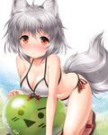  animal_ears ball bangs bare_arms beachball bikini blush breasts cleavage collarbone halter_top halterneck inubashiri_momiji kei_kei kneeling large_breasts looking_at_viewer navel red_eyes sandals side-tie_bikini silver_hair solo swimsuit tail tareme touhou twitter_username white_background white_bikini wolf_ears wolf_tail 