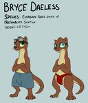  2017 anthro brown_fur bryce_daeless clothed clothing countershading digital_media_(artwork) eyewear fangs fur goggles green_eyes male mammal model_sheet mustelid otter shorts solo speedo standing swimsuit tan_fur theandymac topless 