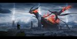  asuteroid black_dress building capelet city cliff cloud cloudy_sky commentary day dress extra_eyes fantasy fire giant_monster glowing highres iz_(asuteroid) lightning long_hair magic monster original outdoors scenery sky solo stairs storm_cloud tower white_hair 