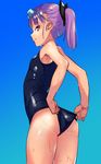  absurdres adjusting_clothes adjusting_swimsuit aoreyo ass blue_background cowboy_shot fate/grand_order fate_(series) goggles goggles_on_head gradient gradient_background helena_blavatsky_(fate/grand_order) helena_blavatsky_(swimsuit_archer)_(fate) highres looking_at_viewer one-piece_swimsuit ponytail purple_eyes purple_hair school_swimsuit short_hair sideways_glance simple_background solo swimsuit wet 