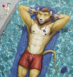 abs anthro board_shorts bulge feline lion looking_at_viewer lying male mammal nipples on_back rov smile solo 