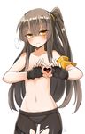  1girl artist_name bangs black_gloves black_legwear blush brown_eyes collarbone commentary cowboy_shot eyebrows_visible_through_hair fingerless_gloves flat_chest girls_frontline gloves grey_hair hair_between_eyes half-closed_eyes heart heart-shaped_boob_challenge heart_hands long_hair looking_at_viewer mou_tama_maru navel one_side_up panties panties_under_pantyhose pantyhose parted_lips scar scar_across_eye shaded_face signature simple_background solo speech_bubble spoken_ellipsis topless torn_clothes torn_legwear tsurime ump45_(girls_frontline) underwear white_background 