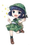  :d backpack bag bangs black_hair blunt_bangs blush_stickers brown_footwear camouflage camouflage_hat camouflage_shirt camouflage_skirt chibi dark_haired_kappa green_eyes holding kappa_mob looking_at_viewer no_nose open_mouth shoes short_hair short_sleeves skirt skirt_set smile solo sparkle touhou ys_(fall) 