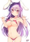  1girl absurdres animal_ears bangs bare_arms bare_shoulders bikini bikini_pull blush bow breasts bunny_ears cleavage collarbone cowboy_shot frown gluteal_fold heart highres large_breasts long_hair looking_at_viewer navel nenobi_(nenorium) pink_bikini pink_eyes purple_hair reisen_udongein_inaba signature simple_background solo stomach string_bikini swimsuit touhou underboob white_background white_bow 