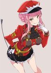  alluring_chief_warden_look bangs belt cravat fate/grand_order fate_(series) gloves grey_background hat holding_whip licking_lips long_hair looking_at_viewer medb_(fate)_(all) medb_(fate/grand_order) mutou_kurihito pink_hair riding_crop skirt solo tongue tongue_out uniform whip yellow_eyes 