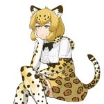  :/ animal_ears belt black_bow blonde_hair bored bow breasts brown_hair center_frills chin_rest closed_mouth crossed_legs elbow_gloves eyebrows_visible_through_hair fur_collar gloves high-waist_skirt ichinose_rokujou jaguar_(kemono_friends) jaguar_ears jaguar_print jaguar_tail kemono_friends medium_breasts multicolored multicolored_clothes multicolored_hair multicolored_legwear shirt short_sleeves simple_background skirt solo tail thighhighs two-tone_hair white_background white_shirt yellow_eyes 