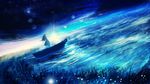  blue boat cloud commentary_request dress grass highres light long_hair ocean original outdoors scenery seascape silhouette sky solo standing star_(sky) starry_sky sun sunrise water watercraft y_y_(ysk_ygc) 