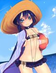  ball beachball bikini black_hair black_neckwear black_skirt blue_eyes breasts closed_mouth cloud cowboy_shot day flower_knight_girl hat highres holding_beachball kuroyuri_(flower_knight_girl) long_hair looking_at_viewer miniskirt rishia_taichou skirt sky small_breasts solo summer sun_hat swimsuit water 