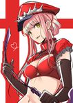 alluring_chief_warden_look breasts elbow_gloves fate/grand_order fate_(series) gloves hair_bun hat heart holding_whip long_hair looking_at_viewer medb_(fate)_(all) medb_(fate/grand_order) mutou_kurihito navel pink_hair riding_crop shimo_(s_kaminaka) small_breasts solo whip yellow_eyes 