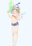  bad_id bad_pixiv_id bikini blonde_hair blue_eyes blush breasts fang food girls_und_panzer goggles goggles_on_head groin highres itou_ayachi katyusha navel open_mouth popsicle red_bikini shorts small_breasts smile solo strapless swimsuit water_gun 