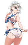  :3 anastasia_(idolmaster) ass blue_eyes breasts earrings highres idolmaster idolmaster_cinderella_girls jewelry looking_at_viewer sailor_swimsuit_(idolmaster) shift_(waage) short_hair silver_hair simple_background small_breasts smile solo twisted_torso white_background 
