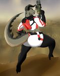  angrypotato96 anthro big_butt butt clothing deathclaw fallout female gun horn outside ranged_weapon scalie solo standing thick_thighs tight_clothing video_games weapon 