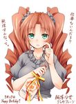  bottle breasts brown_hair character_name commentary copyright_name dated eyebrows_visible_through_hair formation_girls green_eyes hand_on_own_cheek holding holding_bottle josephine_priller kaneda_mitsuko large_breasts long_hair short_sleeves solo translated twintails upper_body 