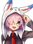  :d blush breasts eyebrows_visible_through_hair fate/grand_order fate_(series) fou_(fate/grand_order) glasses grey_jacket hair_over_one_eye hood hoodie jacket koruta_(nekoimo) large_breasts long_sleeves looking_at_viewer mash_kyrielight necktie open_mouth pink_hair purple_eyes red_neckwear simple_background smile solo white_background 