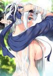  adjusting_hair bandages blue_eyes blue_headband blue_jacket blurry blurry_background blush breasts cropped_jacket folded_ponytail from_behind from_side headband highres jacket kamoi_(kantai_collection) kantai_collection large_breasts nakano_sora open_mouth outdoors pelvic_curtain see-through sideboob silver_hair solo thick_eyebrows upper_body wet wet_clothes 
