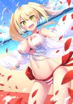  ahoge beach bikini blonde_hair blurry blurry_background blush breasts cleavage commentary_request day dutch_angle earrings fate/grand_order fate_(series) green_eyes hair_intakes halterneck highres jewelry large_breasts long_hair looking_at_viewer navel nero_claudius_(fate)_(all) nero_claudius_(swimsuit_caster)_(fate) ocean outdoors oyaji-sou petals sand shiny shiny_hair smile solo striped striped_bikini swimsuit teeth twintails water 