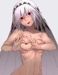  :p altera_(fate) areola_slip areolae breasts commentary_request dark_skin fate/grand_order fate_(series) grey_background heart heart-shaped_boob_challenge heart_hands i-pan long_hair looking_at_viewer navel nipple_slip nipples red_eyes simple_background small_breasts solo tongue tongue_out topless veil white_hair 