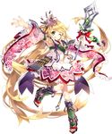  ;p animal_print blonde_hair blush detached_sleeves dress fish_print floral_print flower frilled_dress frills full_body green_eyes hair_flower hair_ornament holding holding_spear holding_weapon kamei_(oshiro_project) matoki_misa official_art one_eye_closed oshiro_project oshiro_project_re polearm solo spear tongue tongue_out transparent_background weapon 