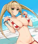  :o ahoge bad_id bad_pixiv_id bangs bare_arms bare_shoulders beach bikini bikini_lift blonde_hair blue_sky blush bracelet breasts cleavage cloud cloudy_sky cocq_taichou collarbone commentary_request covered_nipples criss-cross_halter day earrings eyebrows_visible_through_hair eyelashes fate/extra fate/grand_order fate_(series) green_eyes groin hair_between_eyes hair_intakes halter_top halterneck hands_up holding holding_strap jewelry large_breasts legs_together lifted_by_self long_hair looking_at_viewer makeup mascara medium_breasts navel nero_claudius_(fate)_(all) nero_claudius_(swimsuit_caster)_(fate) ocean open_mouth outdoors side-tie_bikini sidelocks skindentation sky solo standing stomach strap_lift striped striped_bikini swimsuit teeth twintails underboob upper_body water 