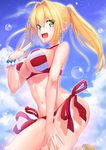  :d ahoge bangs bare_arms bare_shoulders bikini blonde_hair blue_sky bracelet breasts cleavage cloud cloudy_sky collarbone commentary_request cowboy_shot criss-cross_halter day earrings eyebrows_visible_through_hair eyelashes fate/extra fate/grand_order fate_(series) fingernails green_eyes groin hair_between_eyes hair_intakes halter_top halterneck hand_on_lap hand_up jewelry large_breasts leg_up long_fingernails long_hair looking_at_viewer medium_breasts navel nero_claudius_(fate)_(all) nero_claudius_(swimsuit_caster)_(fate) open_mouth outdoors sandals shashimo side-tie_bikini sidelocks sky smile solo standing standing_on_one_leg stomach striped striped_bikini swimsuit teeth twintails underboob upper_teeth water_drop 