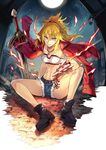  belt blonde_hair blue_eyes boots breasts denim denim_shorts fate/apocrypha fate_(series) full_moon gauntlets high_heels looking_at_viewer midriff moon mordred_(fate) mordred_(fate)_(all) navel pokimari ponytail shorts sitting small_breasts smile solo spread_legs sword weapon 