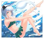  bangs barefoot bikini black_hairband bob_cut different frilled_bikini frills green_bikini hairband hitodama konpaku_youmu konpaku_youmu_(ghost) leg_hug looking_at_viewer short_hair silver_hair solo swimsuit touhou 