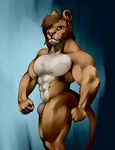  2017 abs anthro beard biceps blue_eyes body_hair brown_hair chest_hair ear_piercing facial_hair feline genital_piercing hair invalid_tag lion looking_at_viewer male mammal muscular muscular_male navel nipple_piercing nipples paint pecs penis penis_piercing piercing solo spica2501 