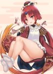  1girl animal apron ass bangs bare_legs benienma_(fate/grand_order) bird blush brown_hat brown_kimono commentary_request egasumi eyebrows_visible_through_hair fate/grand_order fate_(series) feet fingernails gradient_hair hand_up hat head_tilt highres japanese_clothes kimono long_hair long_sleeves looking_at_viewer low_ponytail multicolored_hair no_shoes orange_hair parted_bangs ponytail red_eyes red_hair shimokirin short_kimono sleeves_past_wrists socks soles solo very_long_hair white_apron white_legwear wide_sleeves 