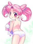  absurdres back bangs bishoujo_senshi_sailor_moon chibi_usa cowboy_shot double_bun highres himewachi holding looking_at_viewer panties parted_bangs pink_eyes pink_hair pink_sailor_collar sailor_collar shirt short_hair signature solo topless twintails underwear white_background white_panties white_shirt 