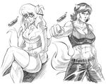  2017 abs anthro big_breasts bra breasts business_suit callie_briggs cat cleavage clothed clothing crossed_legs duo eyewear felina_feral feline female frown glasses greyscale hair long_hair looking_at_viewer mammal midriff monochrome muscular muscular_female navel pltnm06ghost short_hair shorts smile sports_bra suit swat_kats underwear 