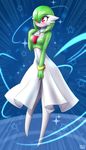  1girl artist_name blue_background blush bracelet breasts cleavage collarbone emphasis_lines eyebrows_visible_through_hair full_body gardevoir green_hair hair_over_one_eye hand_up knees_together_feet_apart looking_to_the_side medium_breasts necklace no_humans padlock pink_eyes pokemon pokemon_(creature) pokemon_rse rilex_lenov short_hair simple_background solo standing text wavy_mouth whistle 