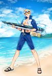  absurdres adapted_costume ahoge arthur_pendragon_(fate) beach blonde_hair blue_sky cloud commentary day fate/grand_order fate/prototype fate_(series) full_body goggles goggles_on_head green_eyes highres looking_at_viewer male_focus male_swimwear ocean official_style outdoors pectorals sandals seseragi_azuma shore short_hair sky smile swim_trunks swimwear takeuchi_takashi_(style) water_gun 