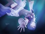  2016 air_bubble aqua_(kingdom_hearts) artist_name black_legwear blue_eyes blue_hair blurry bubble dated detached_sleeves fingerless_gloves gloves kingdom_hearts kingdom_hearts_birth_by_sleep mafuyumi outstretched_arm reaching_out short_hair shorts solo thighhighs underwater upside-down 