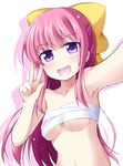  bow breasts commentary_request hair_bow ichimi kamikaze_(kantai_collection) kantai_collection long_hair looking_at_viewer open_mouth pink_hair purple_eyes reaching_out sarashi self_shot simple_background small_breasts smile solo underboob v white_background yellow_bow 